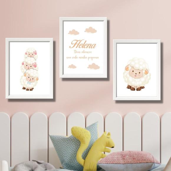 Kit Quadro Ovelha para Quarto de Menina com Nome 30x40cm