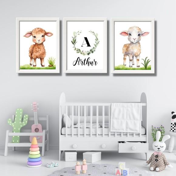 Kit Quadro Ovelha para Quarto de Menino com Nome 30x40 cm