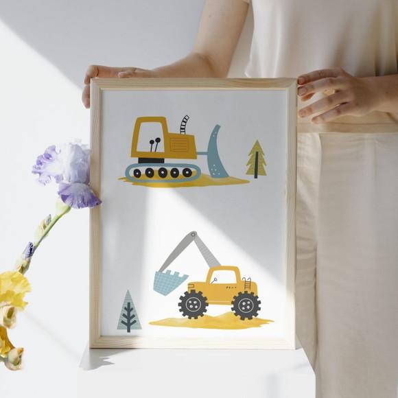 Kit Quadro para Quarto de Menino Trator Estradinha 33x43 cm