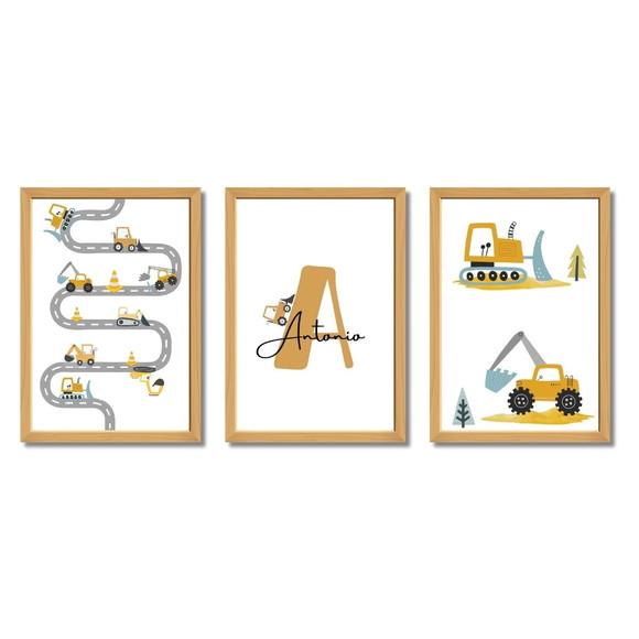 Kit Quadro para Quarto de Menino Trator Estradinha 33x43 cm