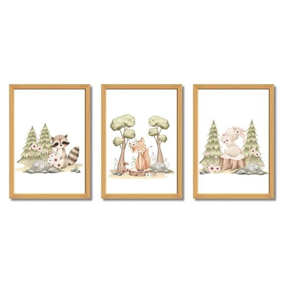 Kit Quadros Animais da Floresta Quarto Infantil com Vidro