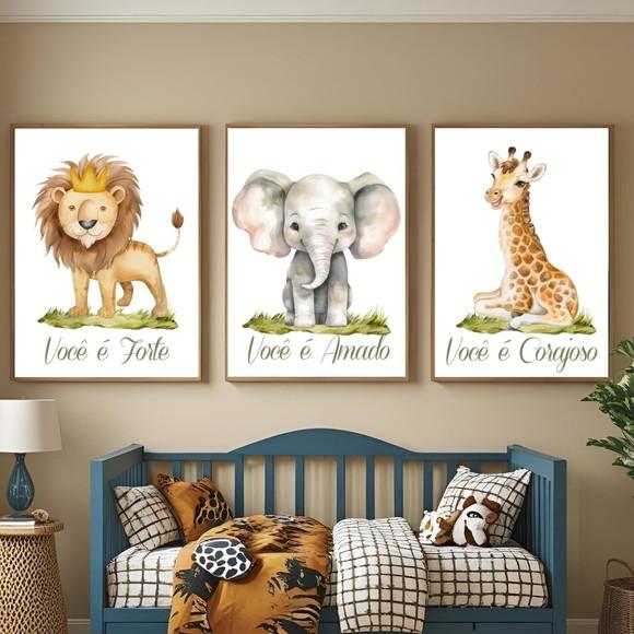 Kit Quadros Animais Leão Girafa com Frase Moldura com Vidro