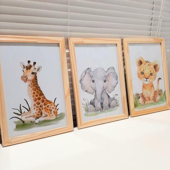 Kit Quadros Animais Safari Girafa Moldura com Vidro 23x33 cm
