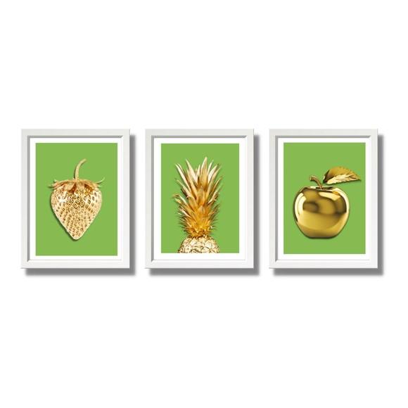 Kit Quadros Cozinha Frutas Douradas Fundo Verde 23x33cm