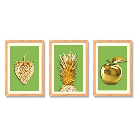 Kit Quadros Cozinha Frutas Douradas Fundo Verde 23x33cm