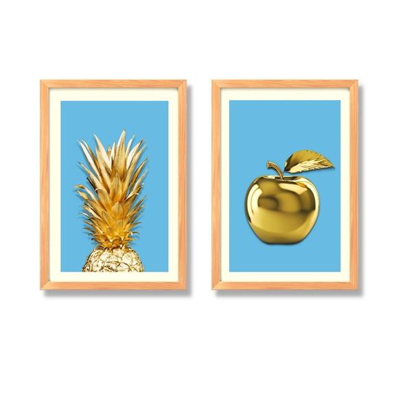 Kit Quadros de Frutas para Cozinha Abacaxi Maçã 33x43cm
