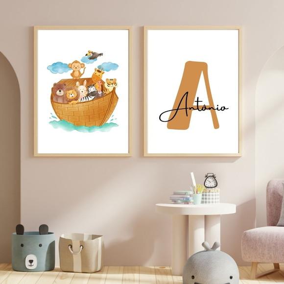 Kit Quadros Decoração Arca de Noé Moldura com Vidro 33x43 cm