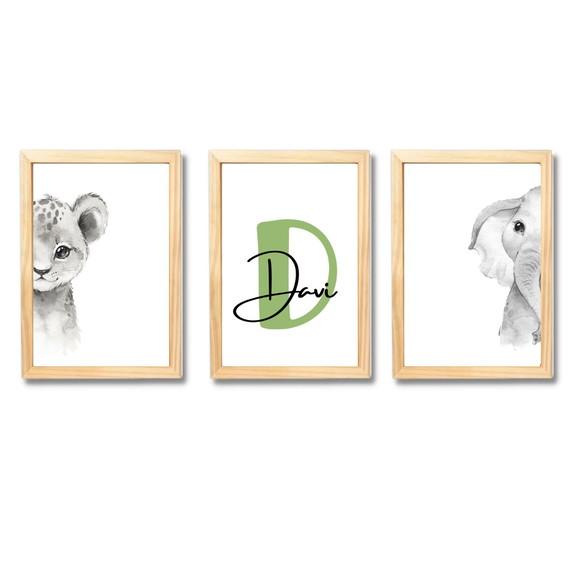 Kit Quadros Decorativos Tema Safari com Nome Davi 33x43 cm