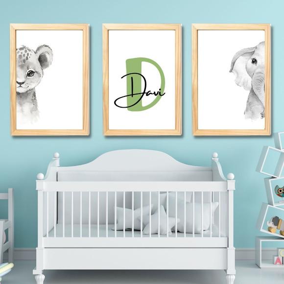 Kit Quadros Decorativos Tema Safari com Nome Davi 33x43 cm