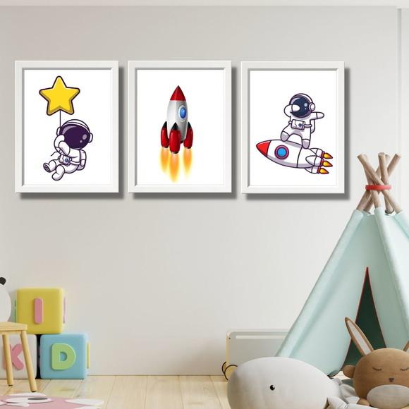 Kit Quadros Espaço Astronauta Foguete Quarto de Menino 20x30