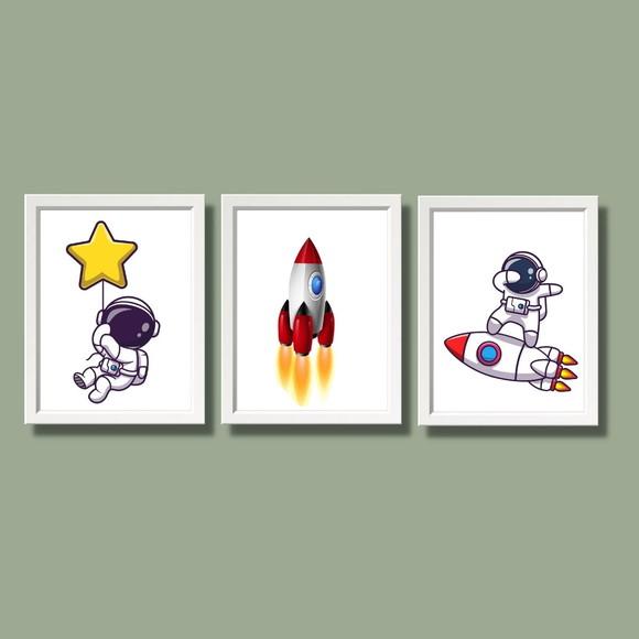 Kit Quadros Espaço Astronauta Foguete Quarto de Menino 20x30