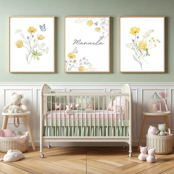 Kit Quadros Floral Menina Personalizado com Vidro e Moldura