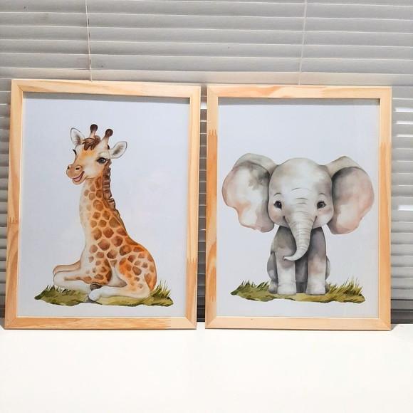 Kit Quadros Girafa Elefante Aquarela Moldura com Vidro 33x43