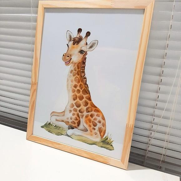 Kit Quadros Girafa Elefante Aquarela Moldura com Vidro 33x43
