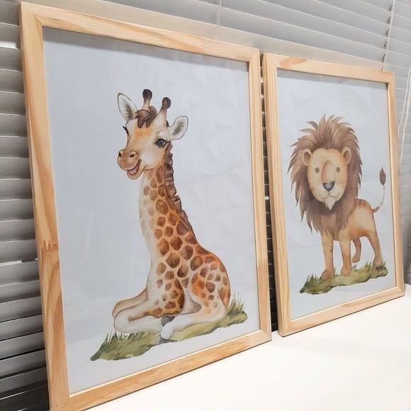 Kit Quadros Girafa Leão Aquarela Moldura com Vidro 33x43 cm
