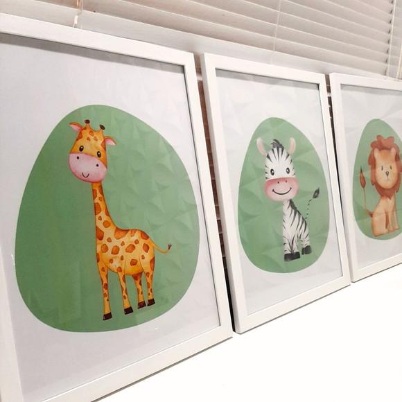 Kit Quadros Infantil Safari Fundo Verde Moldura/vidro 33x43