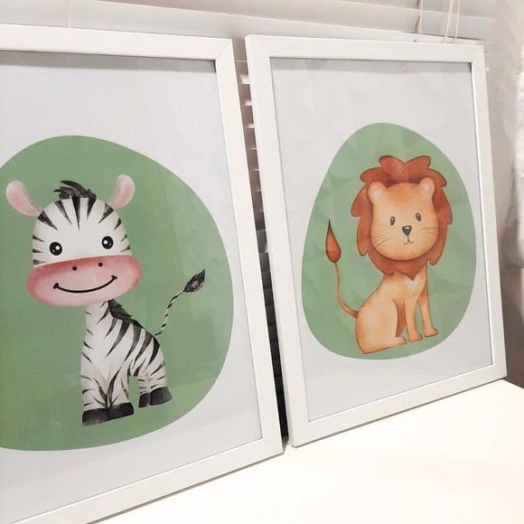 Kit Quadros Infantil Safari Fundo Verde Moldura/vidro 33x43
