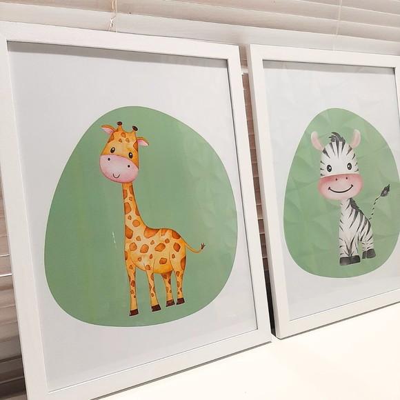Kit Quadros Infantil Safari Fundo Verde Moldura/vidro 33x43