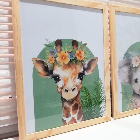 Kit Quadros Infantil Safari Flor na Cabeça Quarto de Menina