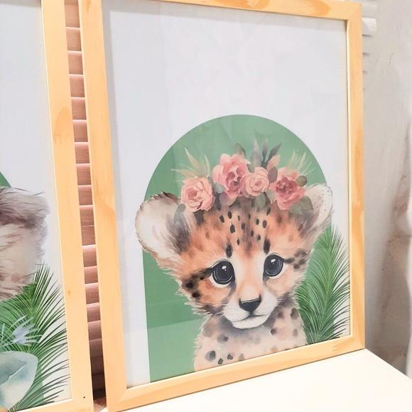 Kit Quadros Infantil Safari Flor na Cabeça Quarto de Menina