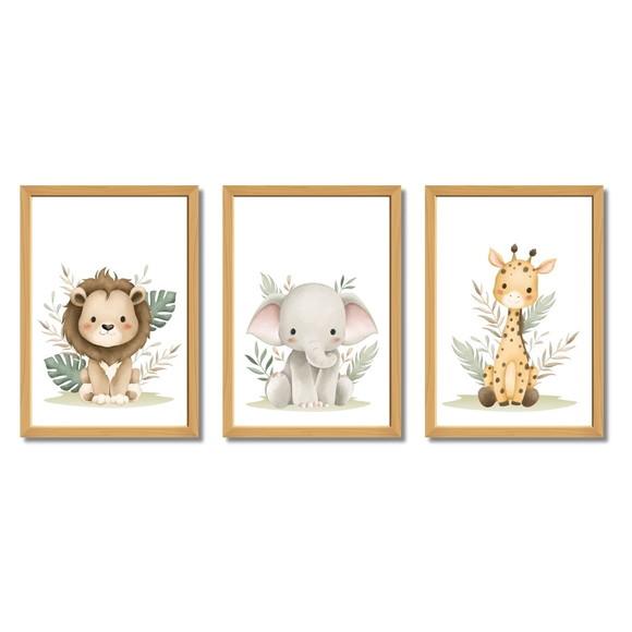 Kit Quadros Infantil Safari Leão Elefante Girafa com Vidro
