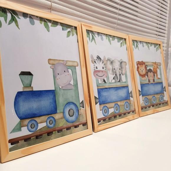 Kit Quadros Infantil Safari Trem Aquarela Elefante com Vidro