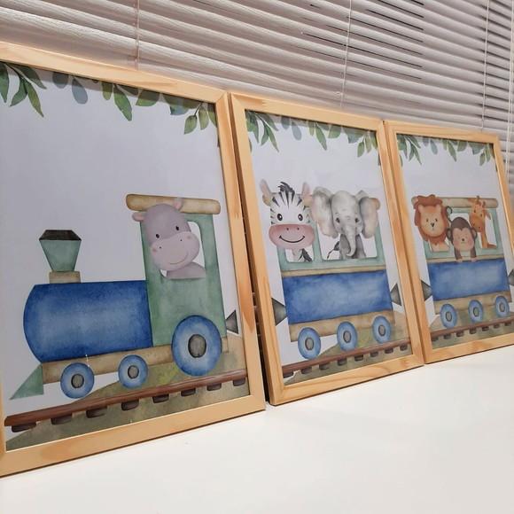 Kit Quadros Infantil Safari Trem Aquarela Elefante com Vidro