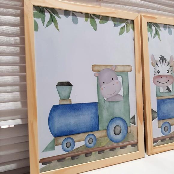 Kit Quadros Infantil Safari Trem Aquarela Elefante com Vidro