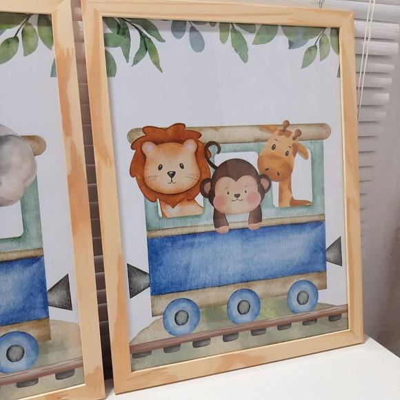 Kit Quadros Infantil Safari Trem Aquarela Elefante com Vidro