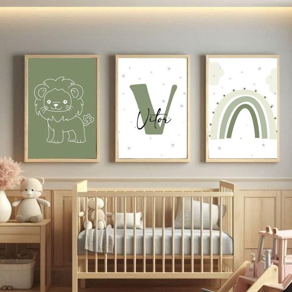 Kit Quadros Infantil Verde Oliva Safari Personalizado 33x43