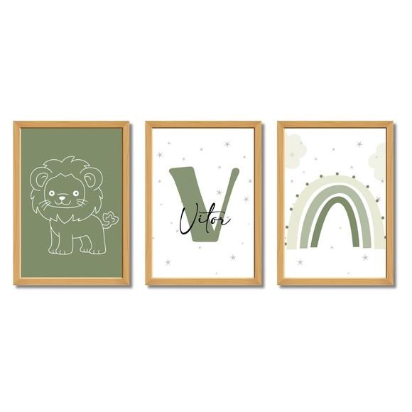Kit Quadros Infantil Verde Oliva Personalizado Safari Leão