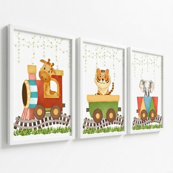 Kit Quadros Infantis Safari Aquarela com Vidro e Moldura