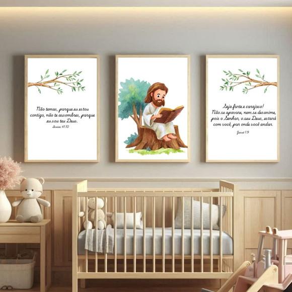 Kit Quadros Jesus Infantil Decoração Quarto Bebê com Vidro