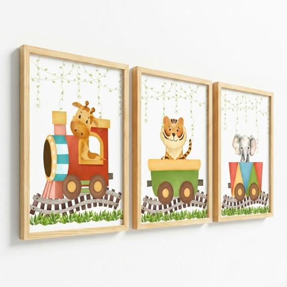 Kit Quadros Infantis Safari Aquarela com Vidro e Moldura
