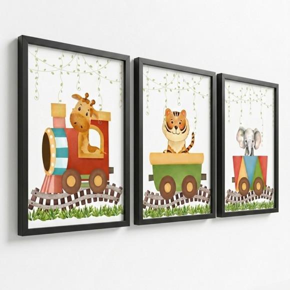 Kit Quadros Infantis Safari Aquarela com Vidro e Moldura