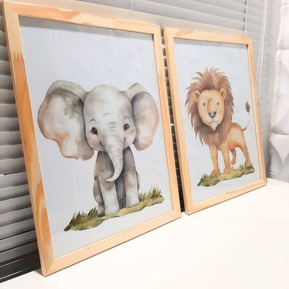 Kit Quadros Leão e Elefante Aquarela Moldura com Vidro 33x43