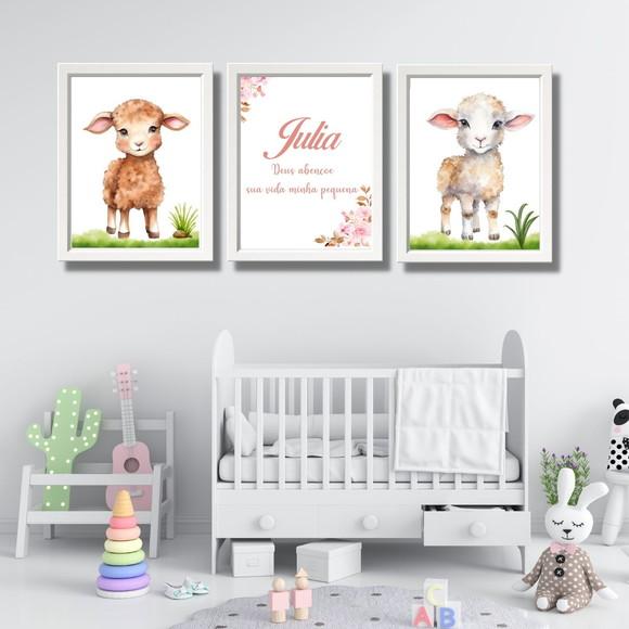 Kit Quadros Ovelhinha para Quarto de Menina c Nome 23x33cm