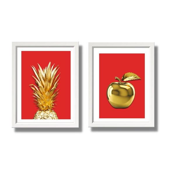 Kit Quadros para Cozinha Gourmet Abacaxi Maçã 33x43cm