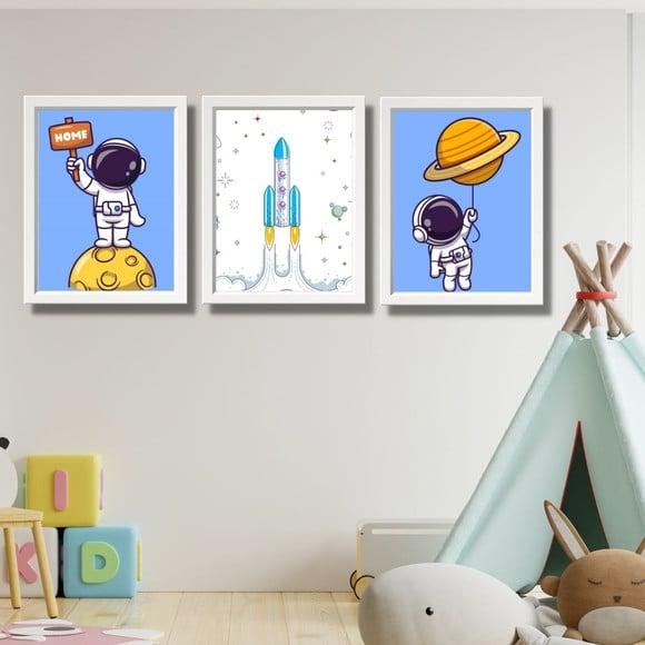 Kit Quadros para Quarto de Menino Astronauta Espaço 33x43cm