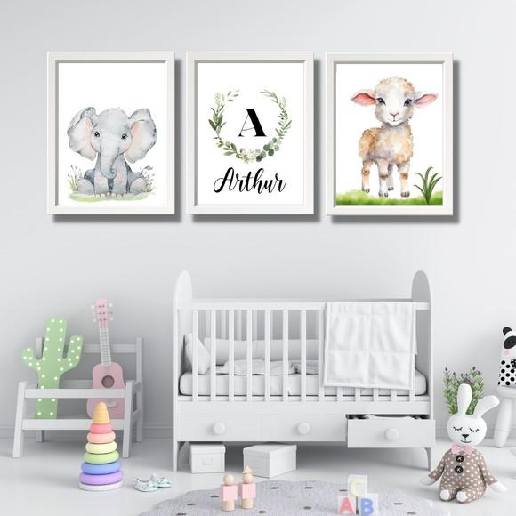Kit Quadros para Quarto de Menino Ovelha com Nome 33x43cm