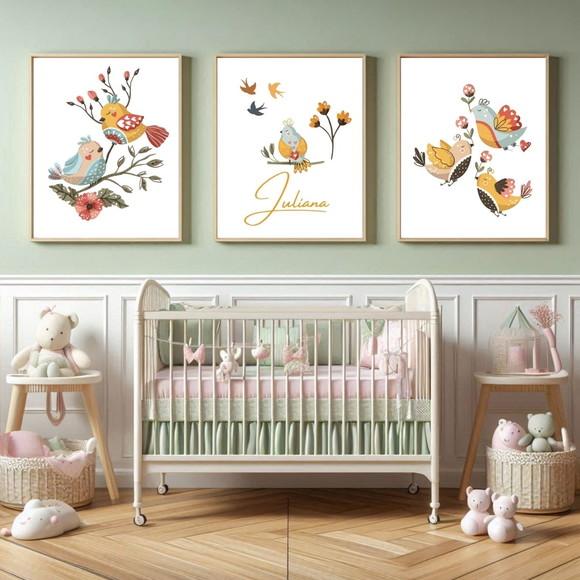 Kit Quadros para Quarto Infantil Menina Pássaros com Vidro