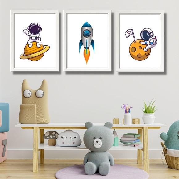 Kit Quadros Quarto de Menino Astronauta Espaço 33x43cm