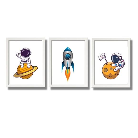 Kit Quadros Quarto de Menino Astronauta Espaço 33x43cm