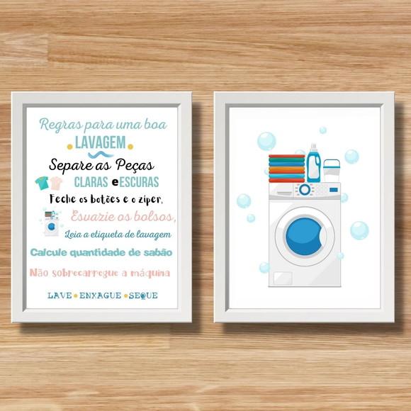 Kit Quadros Regras da Lavanderia c/ Moldura e Vidro 30x40cm