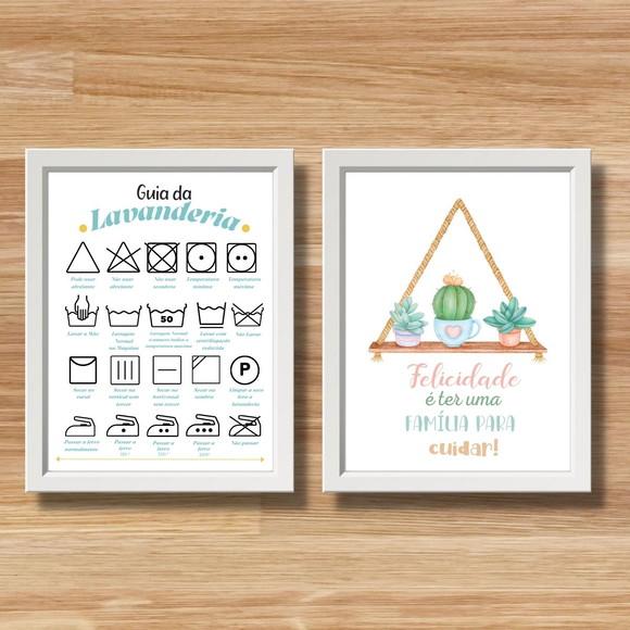 kit quadros regras da lavanderia cactos com frases 30x40cm