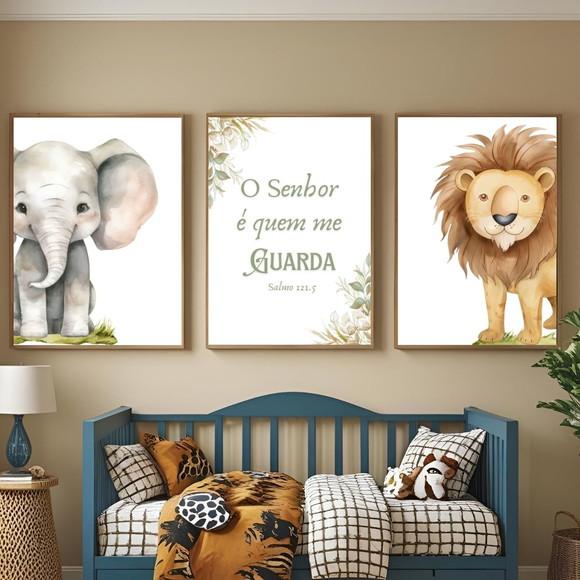 Kit Quadros Safari Infantil Bíblico Leão Elefante com Vidro