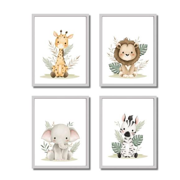 Kit Quadros Safari Leão Quarto de Menino Moldura com Vidro