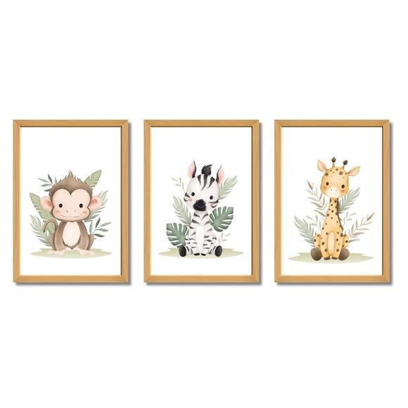 Kit Quadros Safari Macaco com Moldura Madeira e Vidro