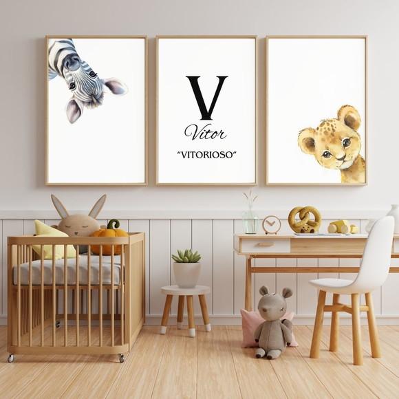 Kit Quadros Safari Personalizado Nome do Bebe Moldura 33x43