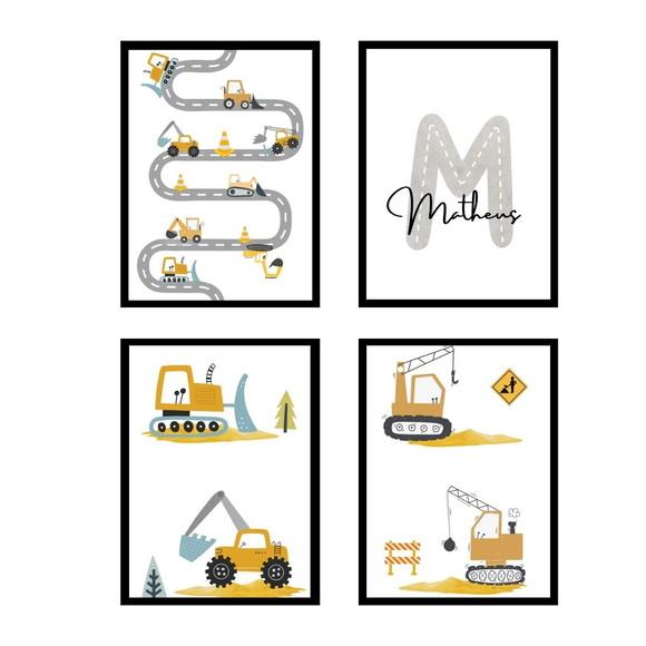 Kit Quadros Trator Construção Personalizado Menino com Vidro